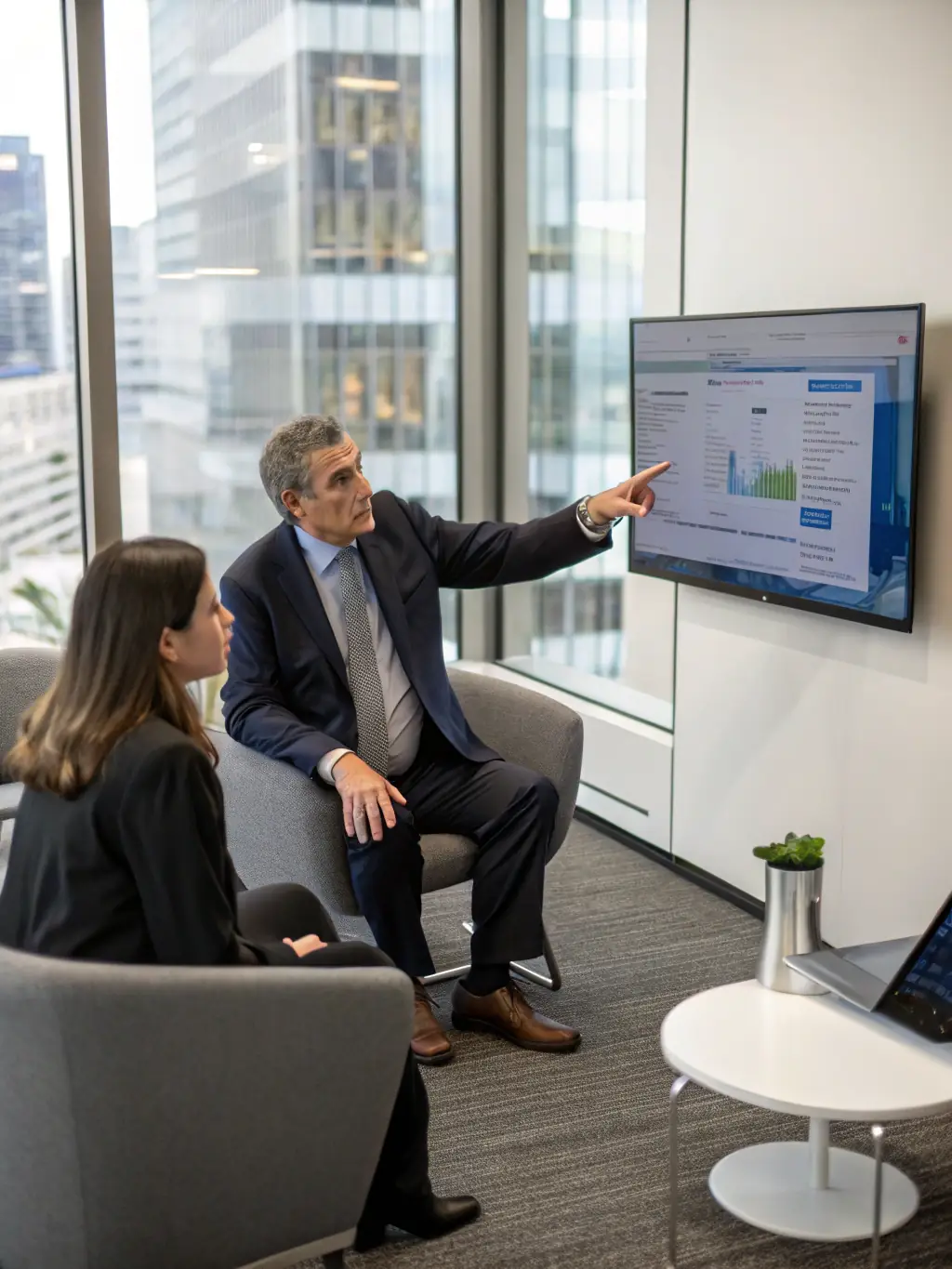 A consultant advising businesses on how to implement AI solutions to improve efficiency and increase revenue, presenting a strategy to a client.