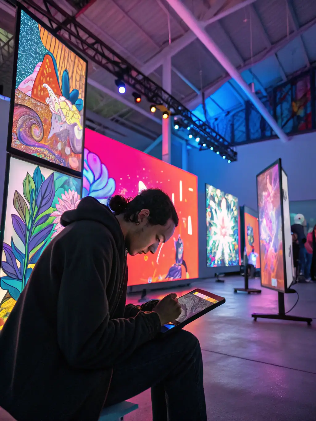 A digital artist using AI to generate unique art pieces, selling them as NFTs on a marketplace. The artist is showcasing their work on a virtual gallery.