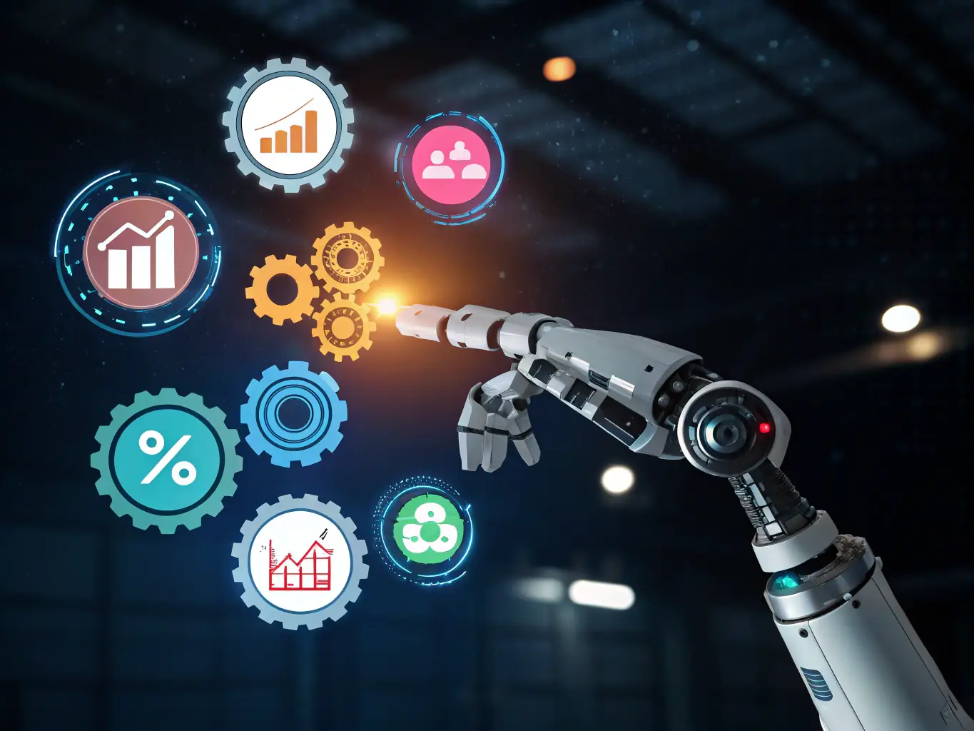 A sleek, modern graphic of a robot arm interacting with data streams, emphasizing automation and efficiency.