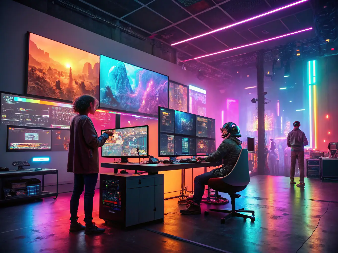 A futuristic image showcasing various forms of content generated by AI, including text, images, and videos, representing generative AI tools.